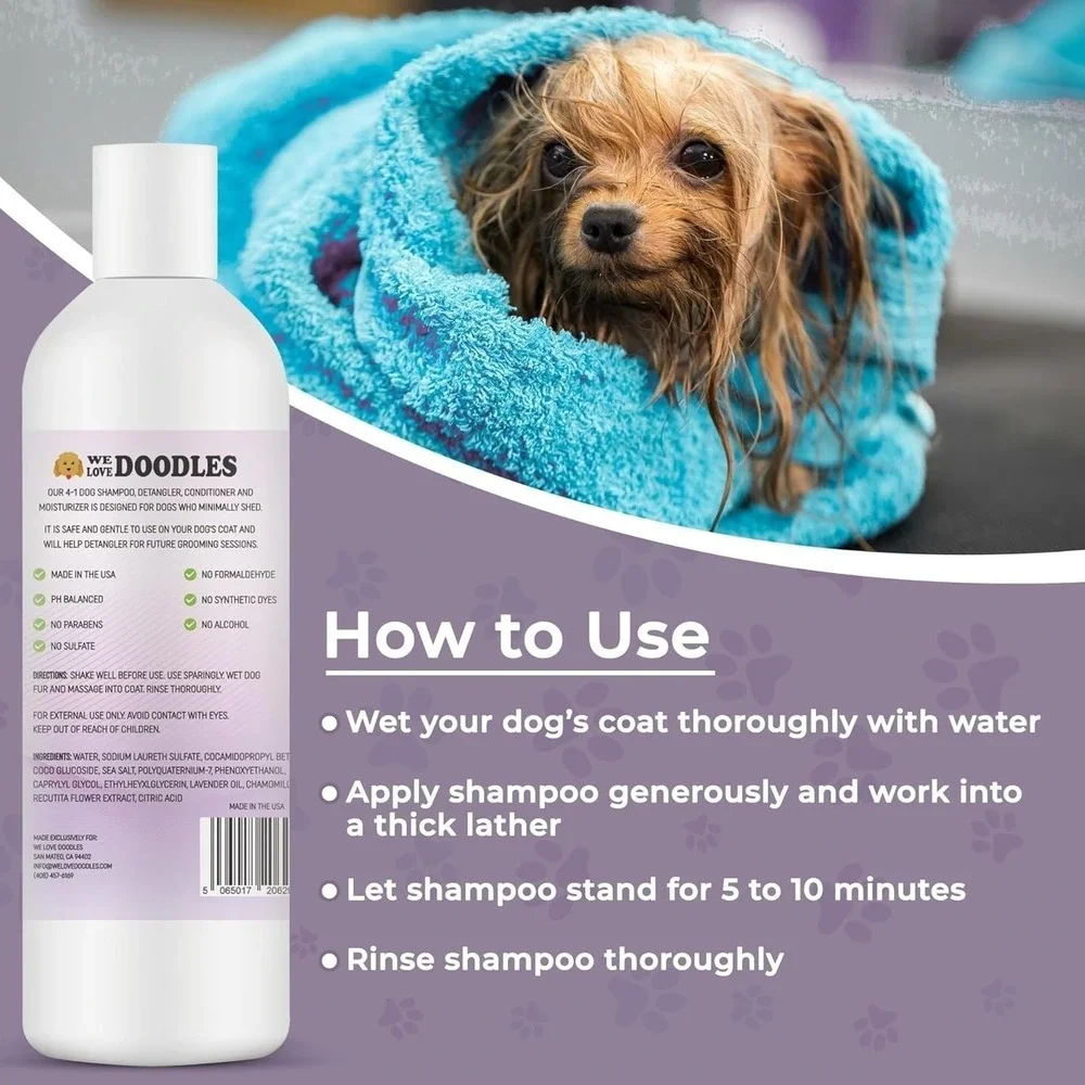 4-in-1 Dog Shampoo, Conditioner & Detangler – Lavender, 16oz, for Doodles